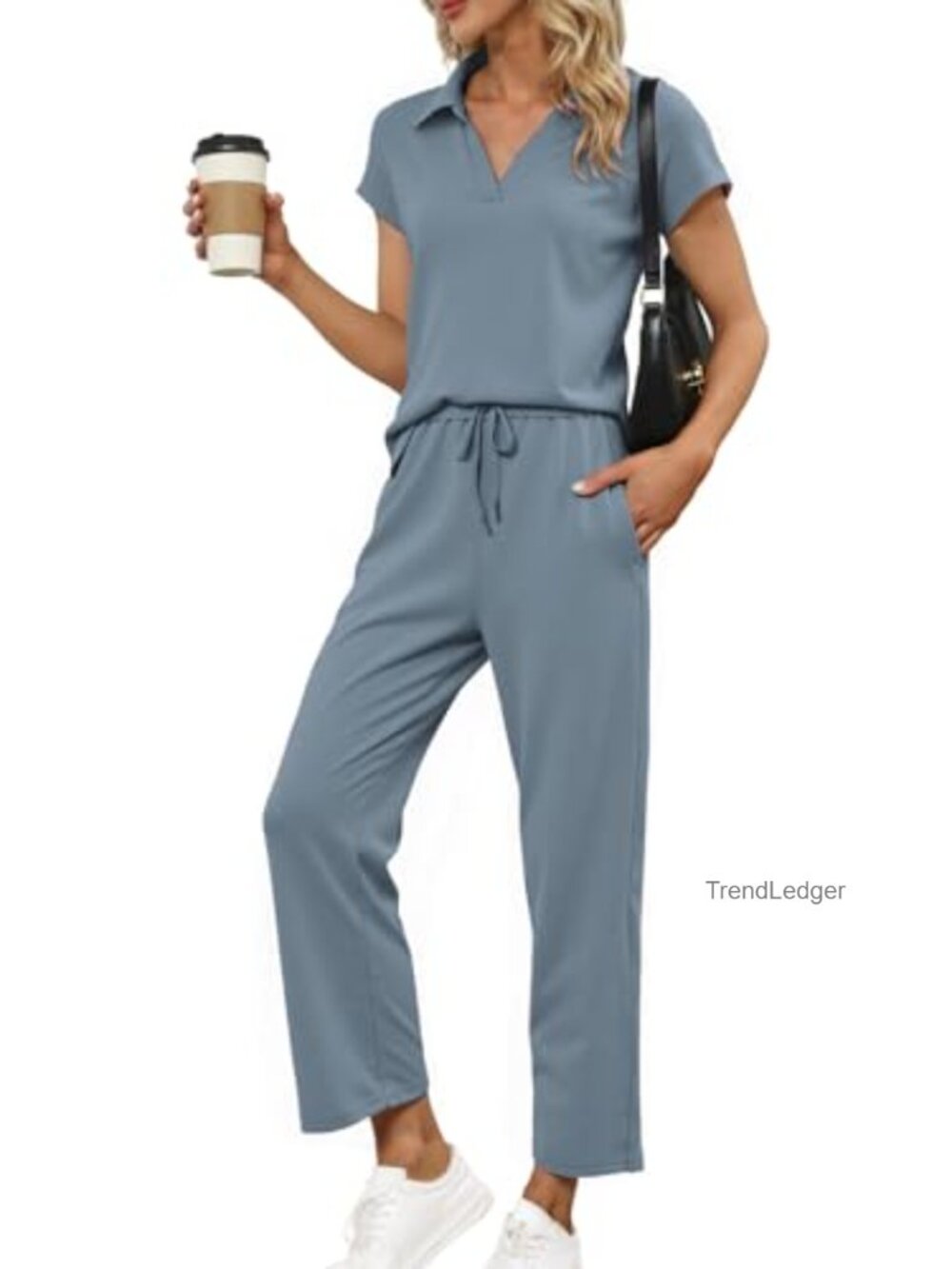 2 Piece Lounge Set Cap Sleeve Polo Top Wide Leg Pant Tracksuit Matching Outfit